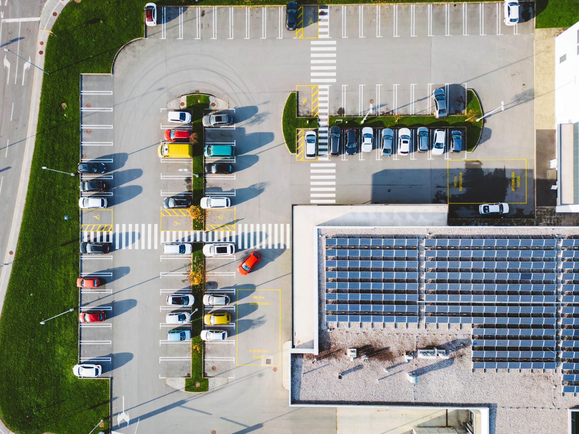 Grocery store with solar panels and plenty of parking spots